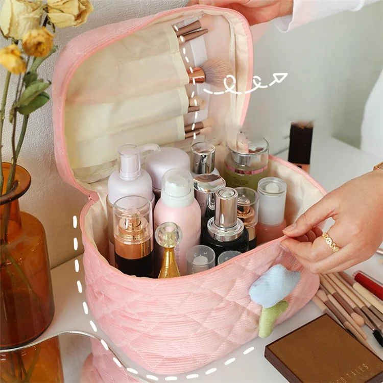 Cosmetic Storage Bag Makeup Container Organizer Corduroy Handbag, Square Shape with Handle - Pink