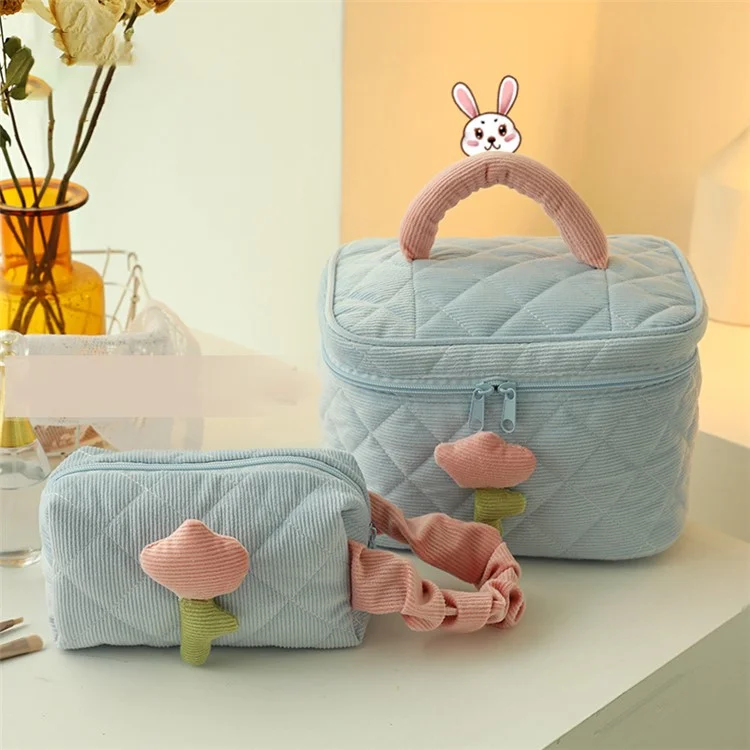 Cosmetic Storage Bag Makeup Container Organizer Corduroy Handbag, Square Shape with Handle - Pink