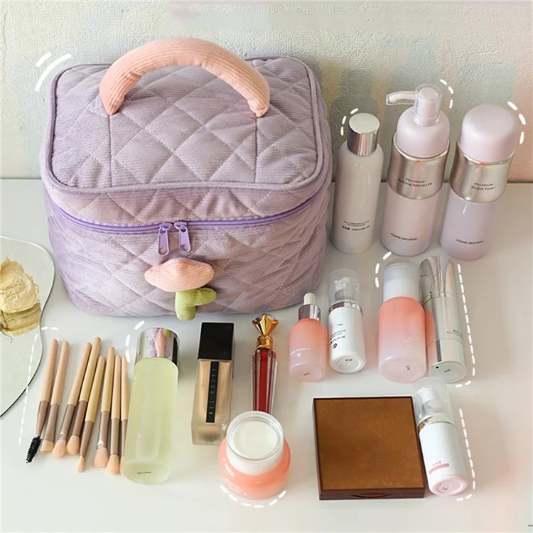 Cosmetic Storage Bag Makeup Container Organizer Corduroy Handbag, Square Shape with Handle - Pink