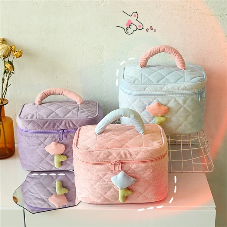 Cosmetic Storage Bag Makeup Container Organizer Corduroy Handbag, Square Shape with Handle - Pink