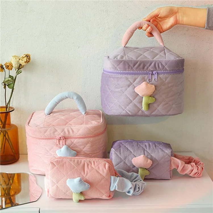 Cosmetic Storage Bag Makeup Container Organizer Corduroy Handbag, Square Shape with Handle - Pink