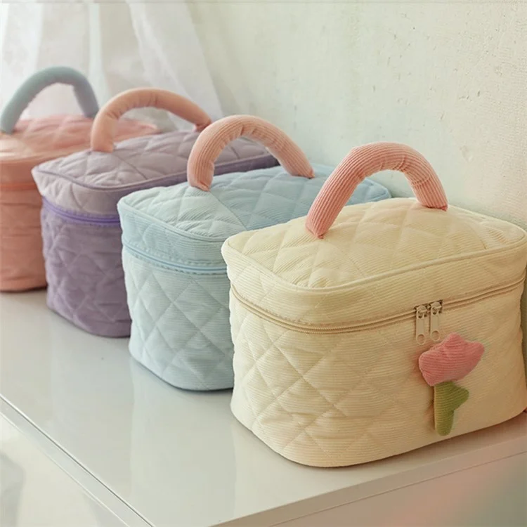 Cosmetic Storage Bag Makeup Container Organizer Corduroy Handbag, Square Shape with Handle - Pink