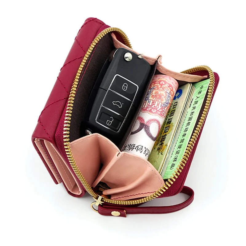 T441-1 Women Heart Embroidery Tri-fold Short Wallet PU Leather Zipper Coin Purse - Red