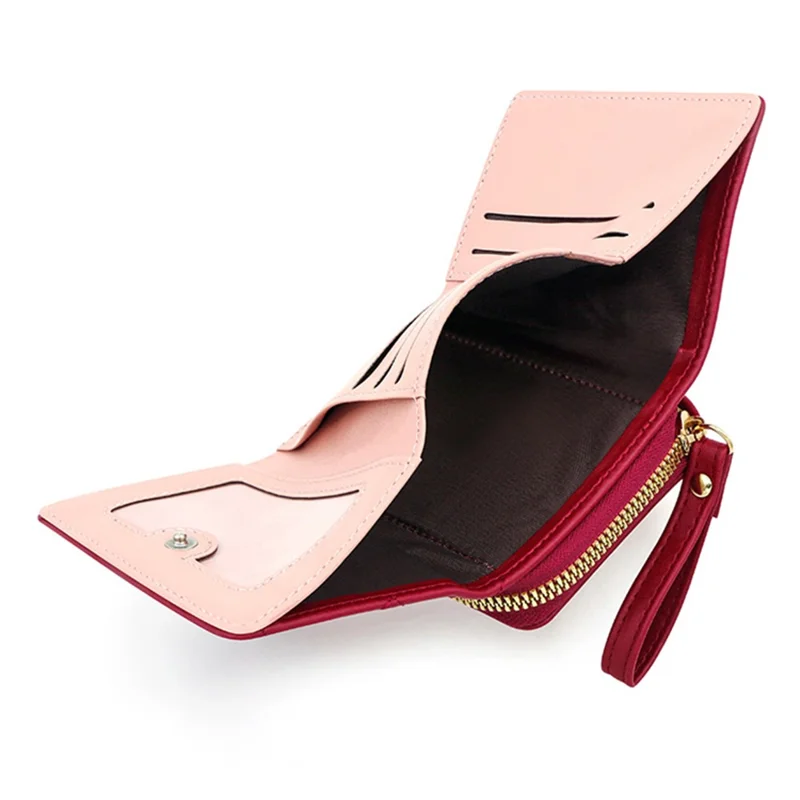 T441-1 Women Heart Embroidery Tri-fold Short Wallet PU Leather Zipper Coin Purse - Red