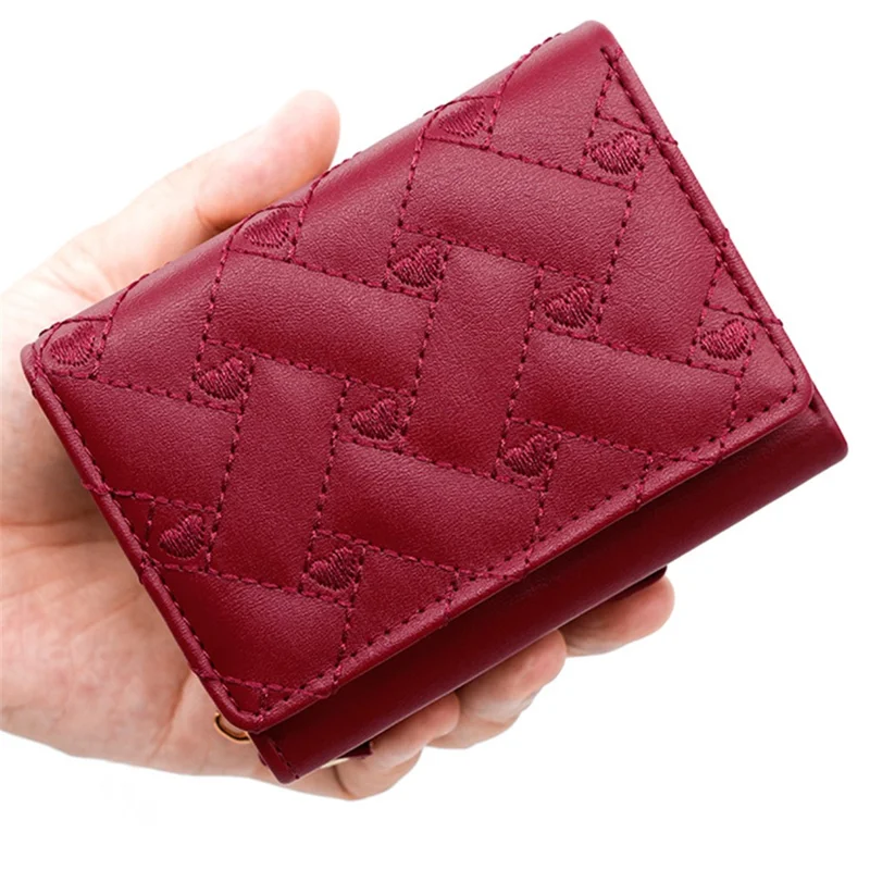 T441-1 Women Heart Embroidery Tri-fold Short Wallet PU Leather Zipper Coin Purse - Red