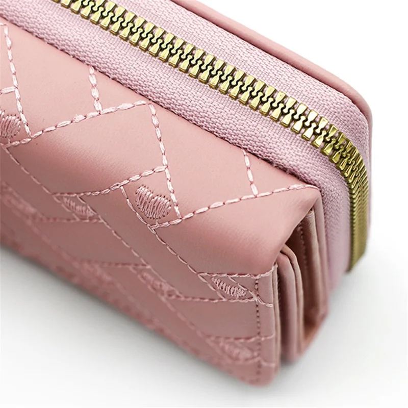 T441-1 Women Heart Embroidery Tri-fold Short Wallet PU Leather Zipper Coin Purse - Red