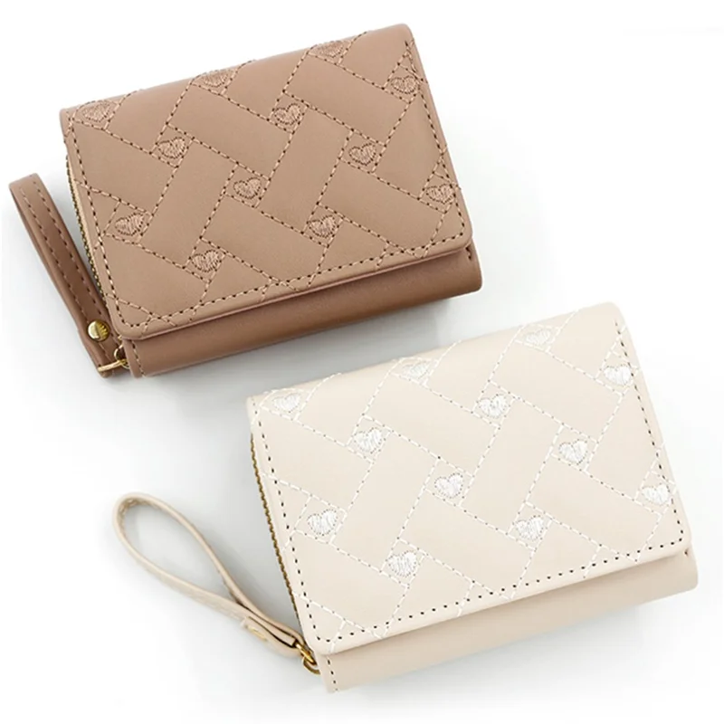 T441-1 Women Heart Embroidery Tri-fold Short Wallet PU Leather Zipper Coin Purse - Red
