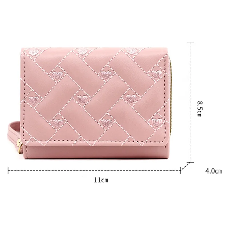T441-1 Women Heart Embroidery Tri-fold Short Wallet PU Leather Zipper Coin Purse - Red