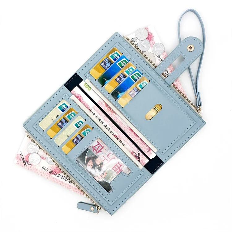 C113-3 Stone Texture Lang Geldbörse Frauen Reißverschluss Kupplung PU Leder Handytasche mit Handgelenkband - Blau