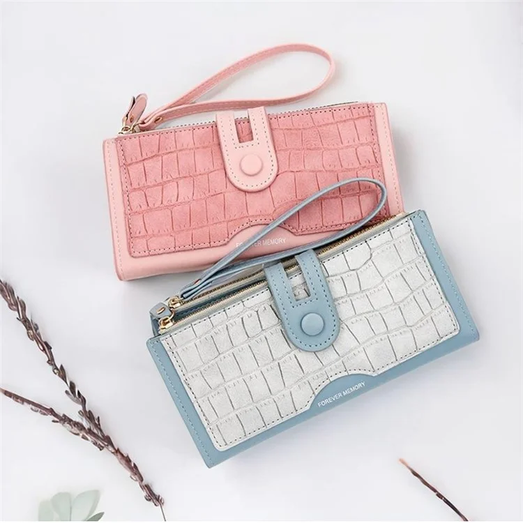C113-3 Stone Texture Lang Geldbörse Frauen Reißverschluss Kupplung PU Leder Handytasche mit Handgelenkband - Blau