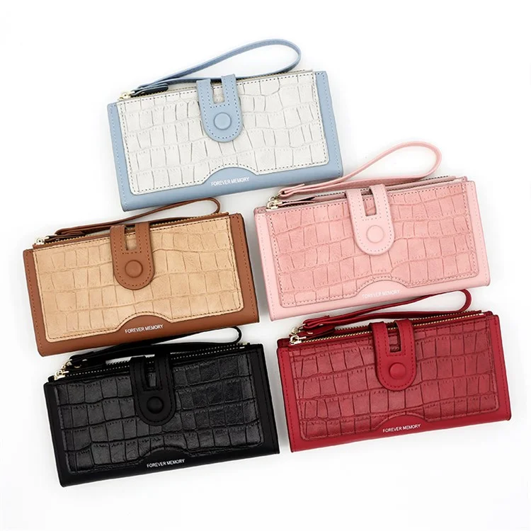 C113-3 Stone Texture Lang Geldbörse Frauen Reißverschluss Kupplung PU Leder Handytasche mit Handgelenkband - Blau