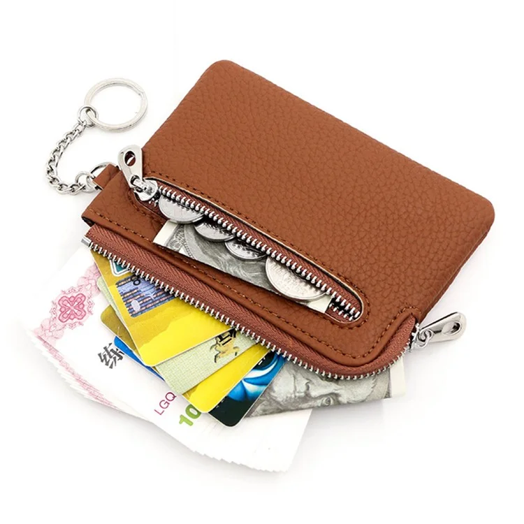Ultra Slim Card Cash Storage Bag PU Leder Reißverschluss Münzbörse mit Schlüsselanhänger - Braun