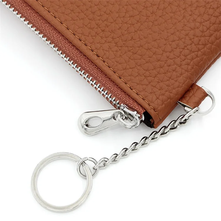 Ultra Slim Card Cash Storage Bag PU Leder Reißverschluss Münzbörse mit Schlüsselanhänger - Braun