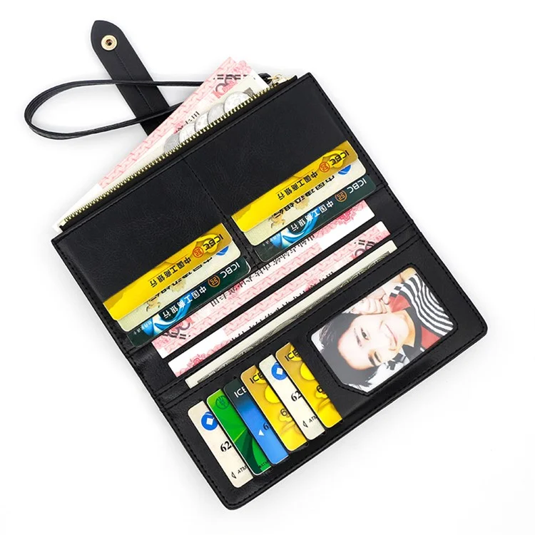 R823-3 Bi-fold Long Wallet Women Multiple Card Slots Zipper Clutch PU Leather Cellphone Purse with Wrist Strap - Noir