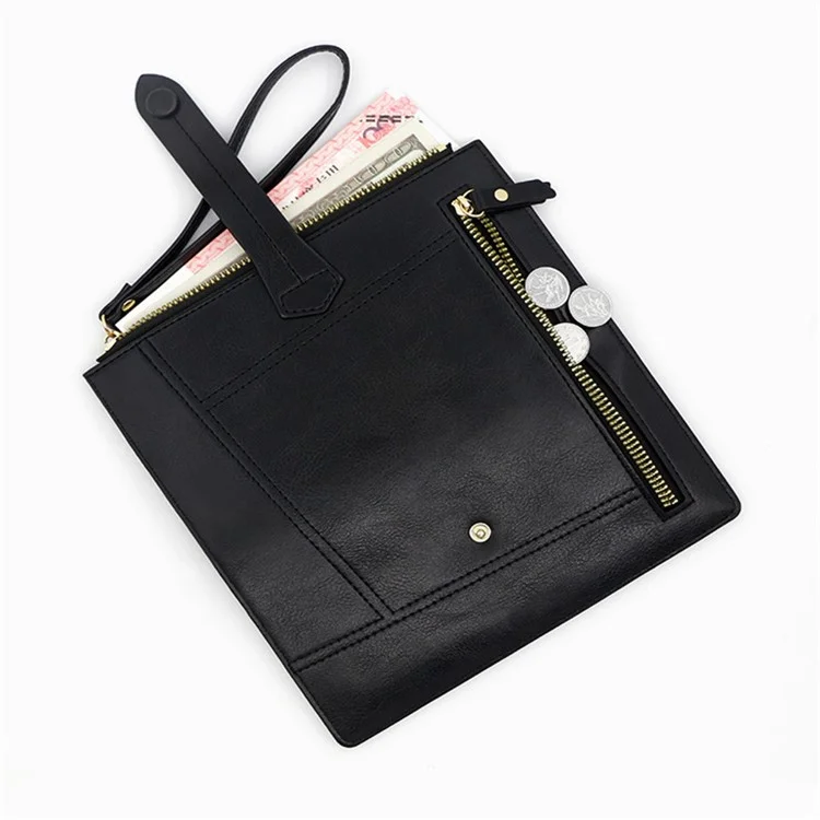 R823-3 Bi-fold Long Wallet Women Multiple Card Slots Zipper Clutch PU Leather Cellphone Purse with Wrist Strap - Noir