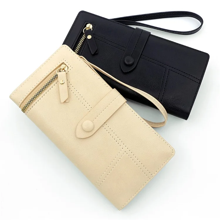 R823-3 Bi-fold Long Wallet Women Multiple Card Slots Zipper Clutch PU Leather Cellphone Purse with Wrist Strap - Noir