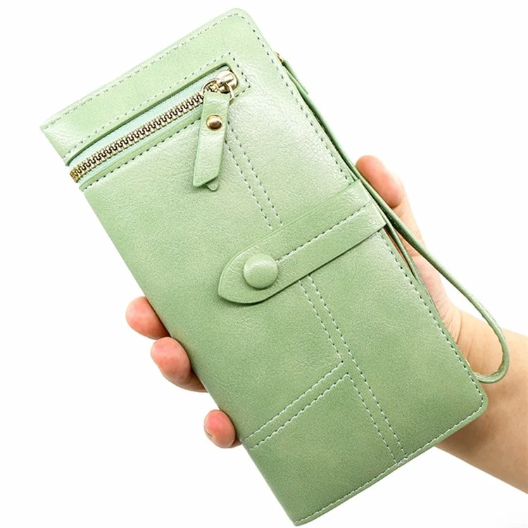 R823-3 Bi-fold Long Wallet Women Multiple Card Slots Zipper Clutch PU Leather Cellphone Purse with Wrist Strap - Noir