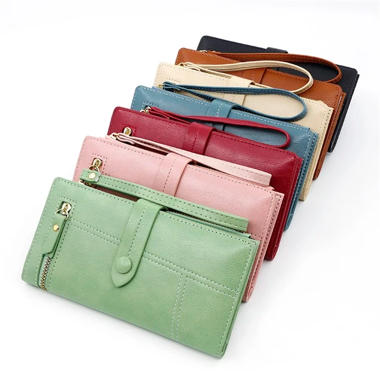 R823-3 Bi-fold Long Wallet Women Multiple Card Slots Zipper Clutch PU Leather Cellphone Purse with Wrist Strap - Noir