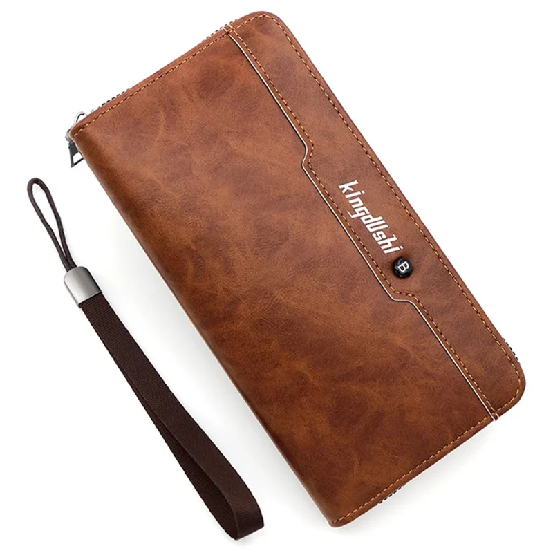 KINGDUSHI Stylish PU Leather Men Zipper Long Wallet Large Capacity Cards Cash Holder Bag - Brown