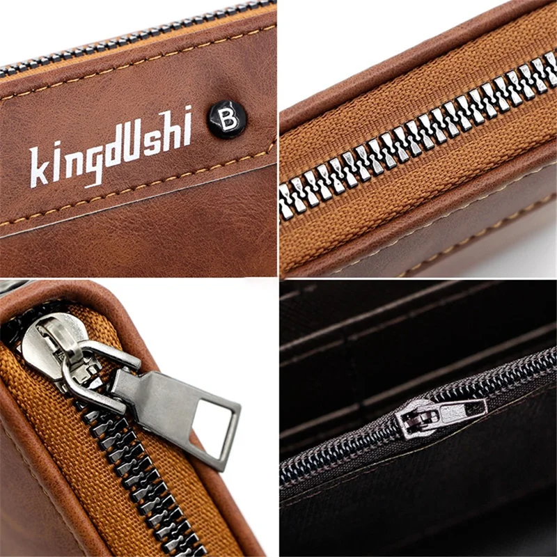 KINGDUSHI Stylish PU Leather Men Zipper Long Wallet Large Capacity Cards Cash Holder Bag - Brown