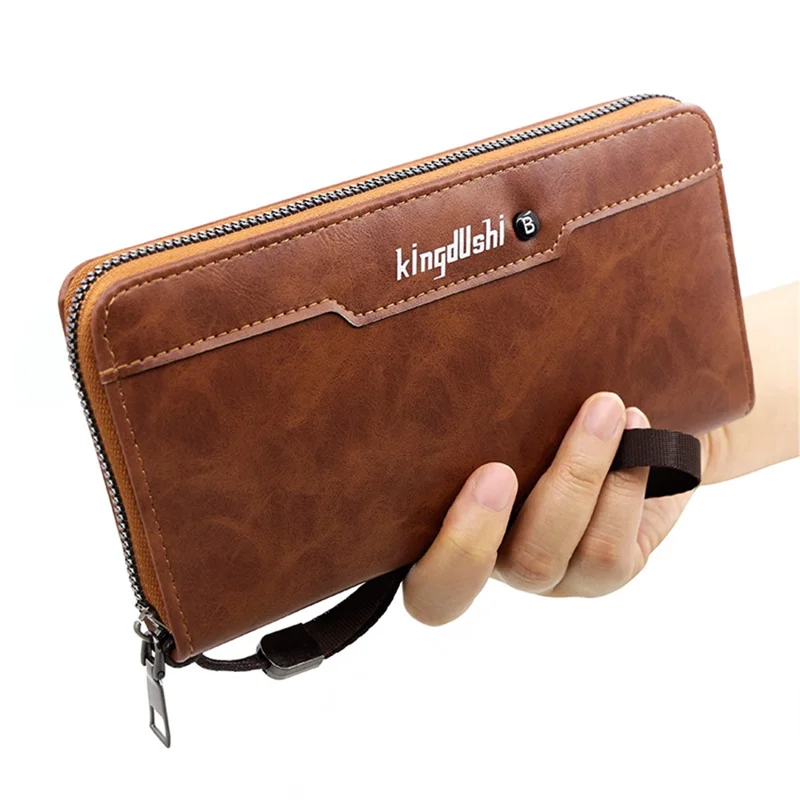 KINGDUSHI Stylish PU Leather Men Zipper Long Wallet Large Capacity Cards Cash Holder Bag - Brown