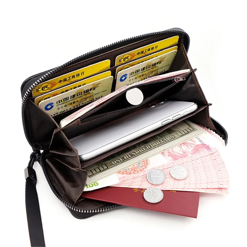 KINGDUSHI Stylish PU Leather Men Zipper Long Wallet Large Capacity Cards Cash Holder Bag - Brown
