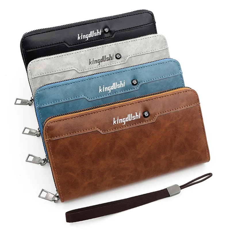 KINGDUSHI Stylish PU Leather Men Zipper Long Wallet Large Capacity Cards Cash Holder Bag - Brown