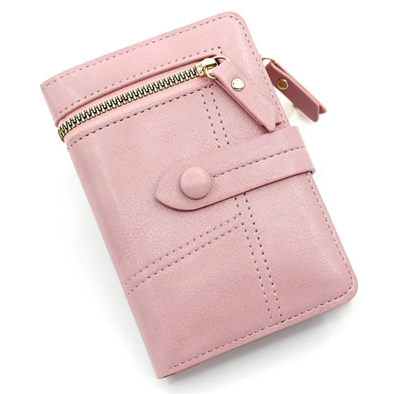 R823-1 PU Leather Zipper Pocket Short Wallet Stylish Tri-fold Women Coin Purse - Light Pink