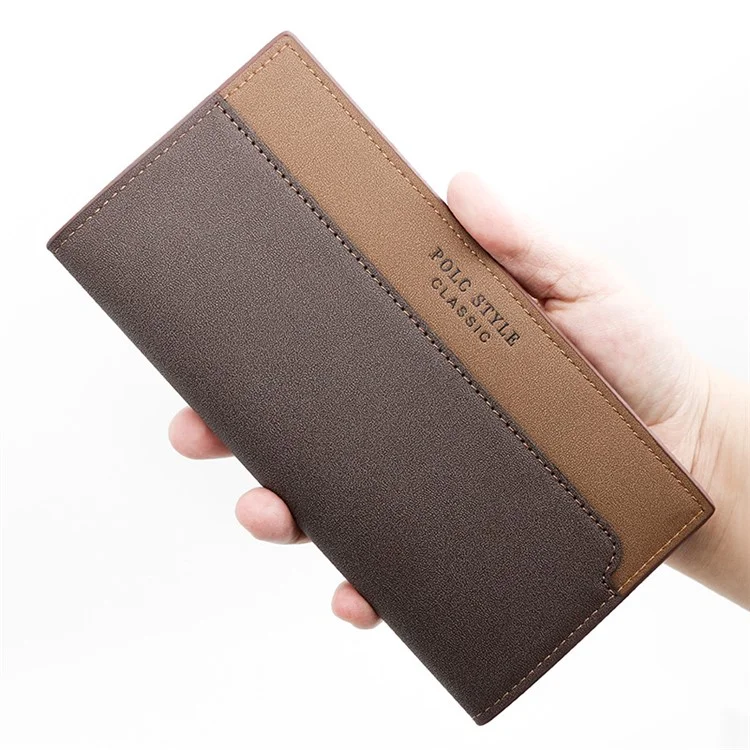POLC 993-7 Двухцветный сплайсинг PU Leather Men Long Wallet Tri-fold Large Capacity Wallet - Черный