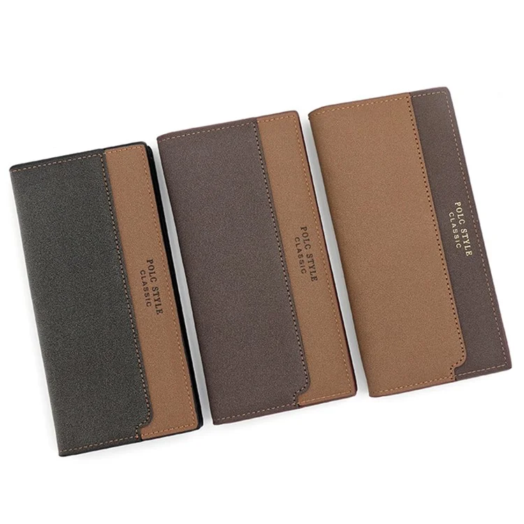 POLC 993-7 Двухцветный сплайсинг PU Leather Men Long Wallet Tri-fold Large Capacity Wallet - Черный
