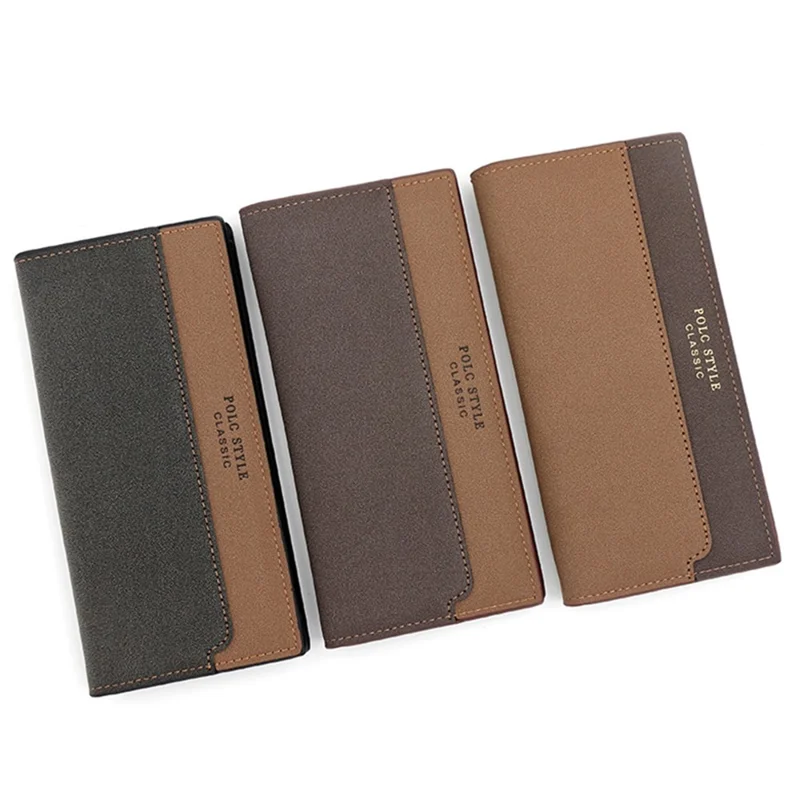 POLC 993-7 Dual Color Splicing PU Leather Men Long Wallet Tri-fold Large Capacity Wallet - Light Coffee