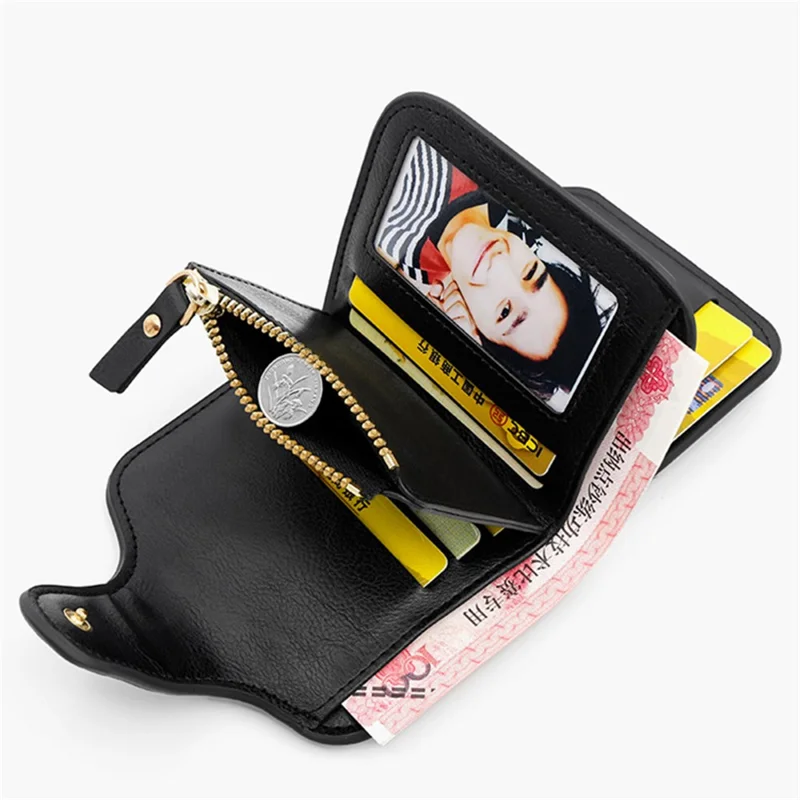KINGDUSHI Portafoglio corto in Pelle PU con più slot per carte Zip Pocket Women Coin Purse - Nero
