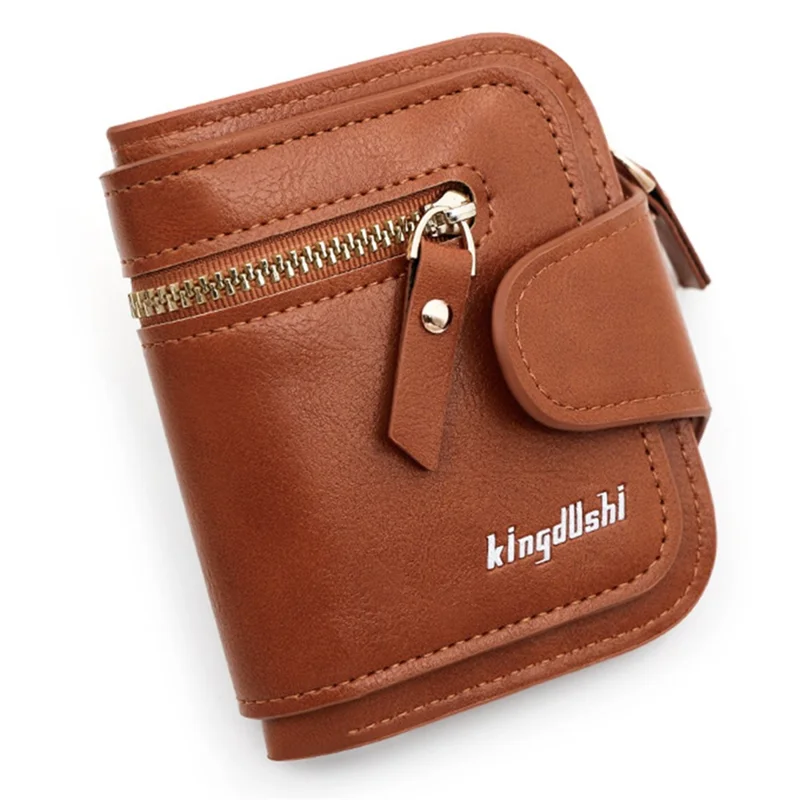 KINGDUSHI Multiple Card Slots PU Leather Short Wallet Zipper Pocket Women Coin Purse - Coffee