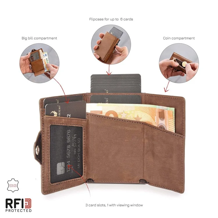 Véritable portefeuille en cuir de vache avec blocage RFID Étui porte-cartes Portefeuille Porte-cartes de crédit Porte-cartes d'identité Peut contenir jusqu'à 6 cartes - Marron clair