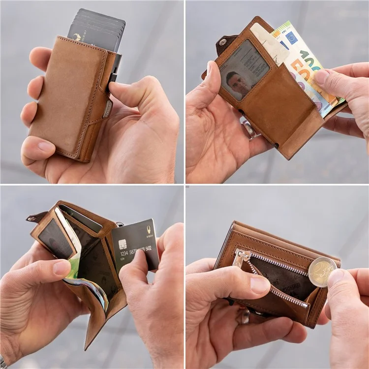 Véritable portefeuille en cuir de vache avec blocage RFID Étui porte-cartes Portefeuille Porte-cartes de crédit Porte-cartes d'identité Peut contenir jusqu'à 6 cartes - Marron clair