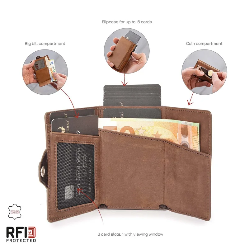 Genuine Cowhide Leather RFID Blocking Card Case Wallet Billfold Credit Card ID Card Holder Holding Up to 6 Cards - Black