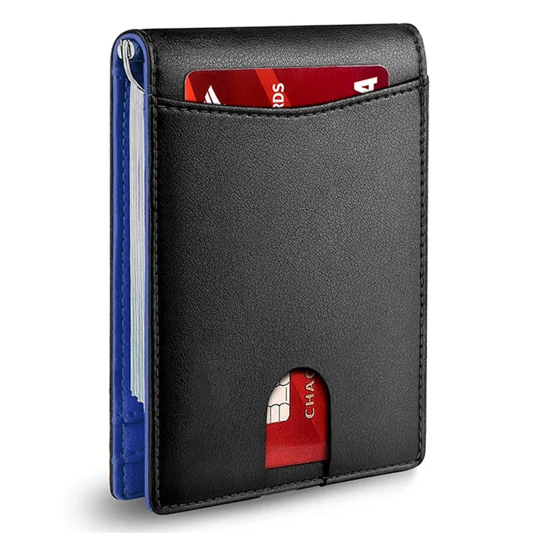 Cartera de Tarjetas con Bloqueo RFID de Piel de Microfibra con Clip para Billetes - Textura Lisa / Azul