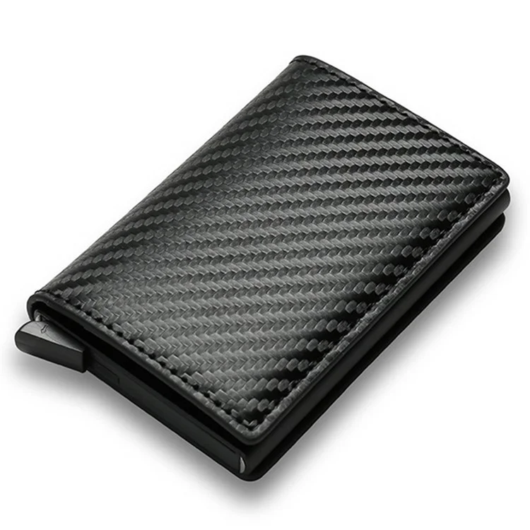RFID Blocking Automatic Pop Up PU Leather + Aluminum Alloy Credit Card Holder Case Pocket Wallet - Carbon Fiber+Black