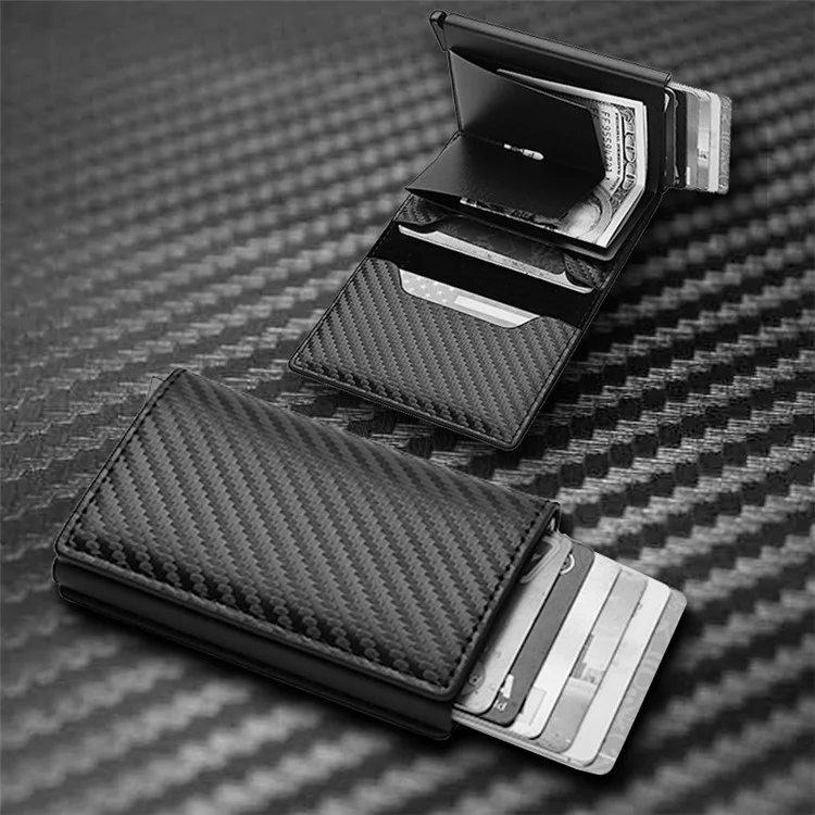 RFID Blocking Automatic Pop Up PU Leather + Aluminum Alloy Credit Card Holder Case Pocket Wallet - Carbon Fiber+Black