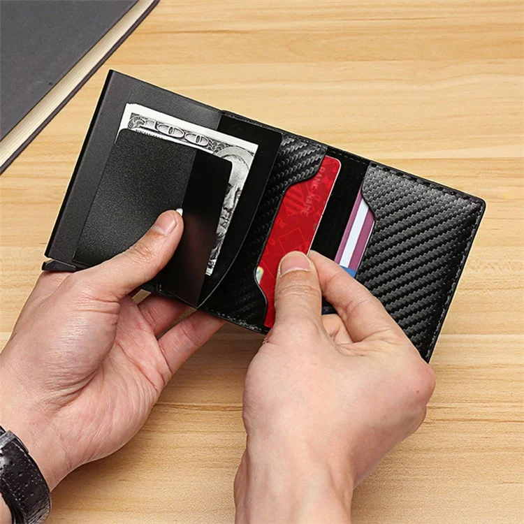 RFID Blocking Automatic Pop Up PU Leather + Aluminum Alloy Credit Card Holder Case Pocket Wallet - Carbon Fiber+Black