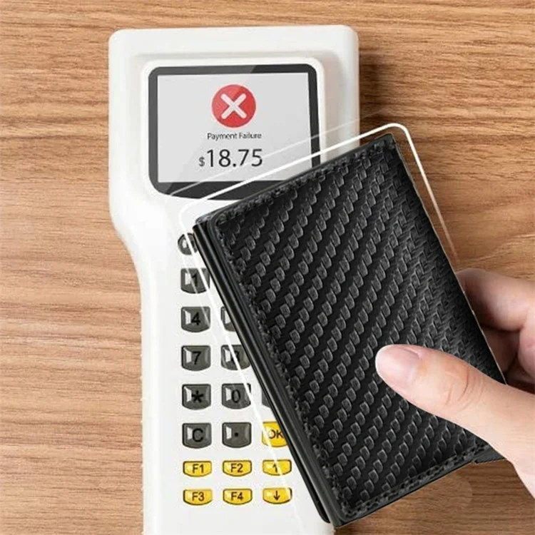 RFID Blocking Automatic Pop Up PU Leather + Aluminum Alloy Credit Card Holder Case Pocket Wallet - Carbon Fiber+Black