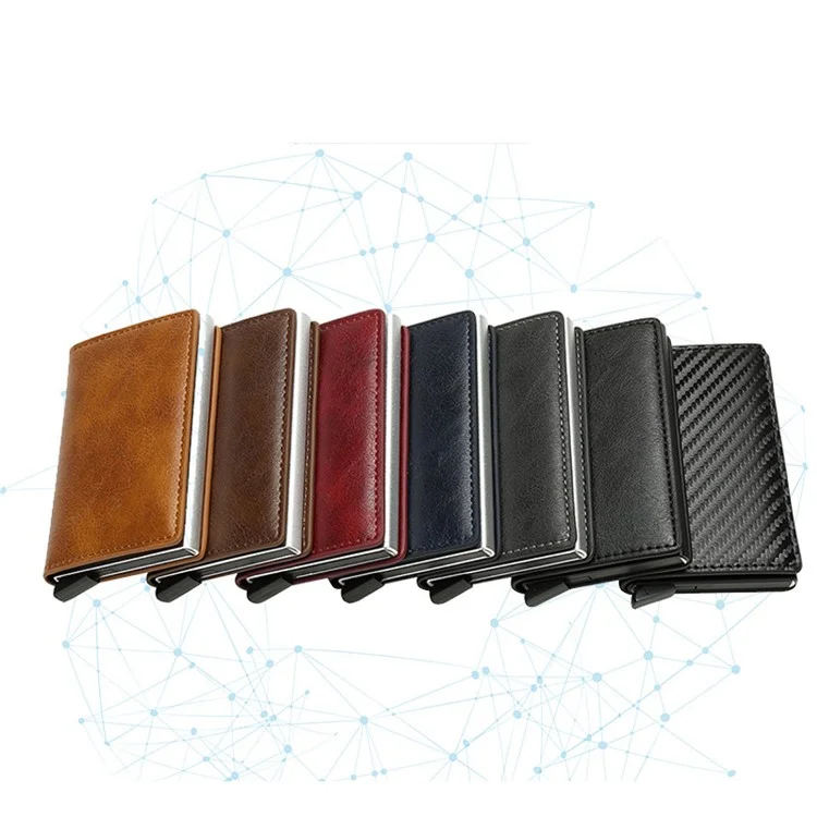 RFID Blocking Automatic Pop Up PU Leather + Aluminum Alloy Credit Card Holder Case Pocket Wallet - Carbon Fiber+Black