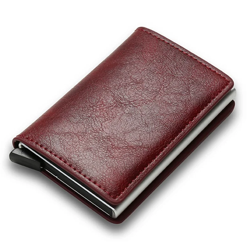 RFID Blocking Automatic Pop Up PU Leather + Aluminum Alloy Credit Card Holder Case Pocket Wallet - Red