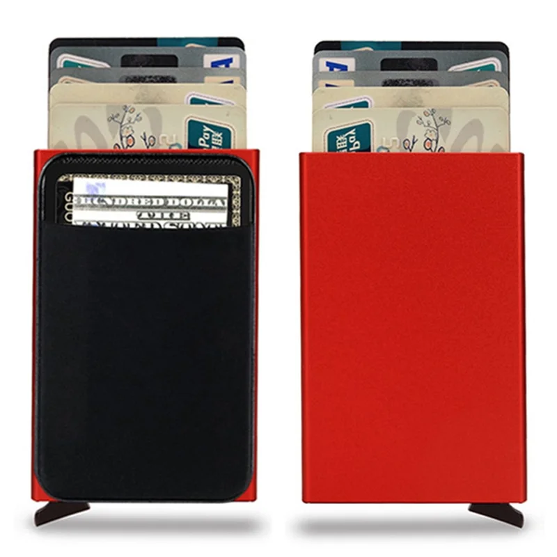 Pocket Size RFID Blocking Pop Out Aluminum Alloy Card Case Wallet Hold Up to 6 Cards - Red