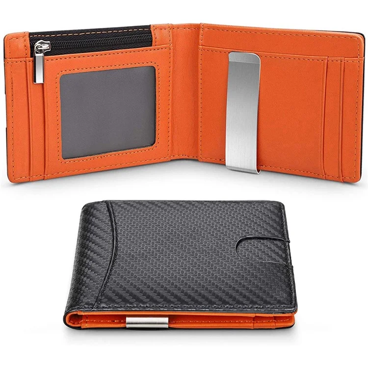 Retro RFID Blocking Slim Bi-fold Card Bag Men PU Leather Pocket Wallet with Money Clip - Carbon Fiber Black+Orange Liner