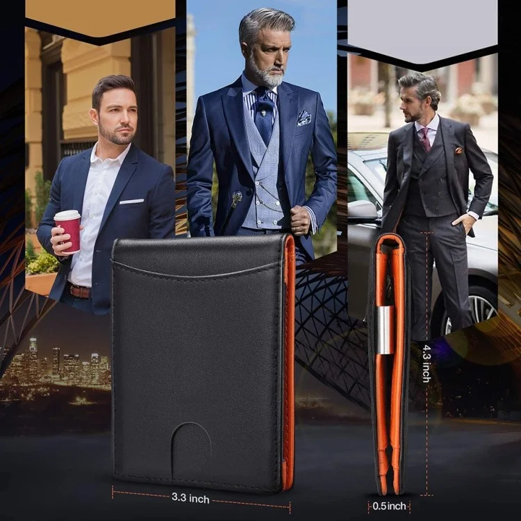 Retro RFID Blocking Slim Bi-fold Card Bag Men PU Leather Pocket Wallet with Money Clip - Carbon Fiber Black+Orange Liner