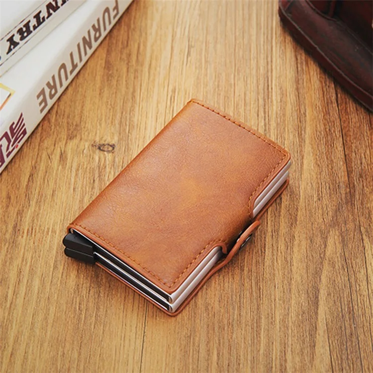Credit Card Holder RFID Blocking PU Leather + Aluminum Alloy Pop Out Double Layer Card Case - Brown