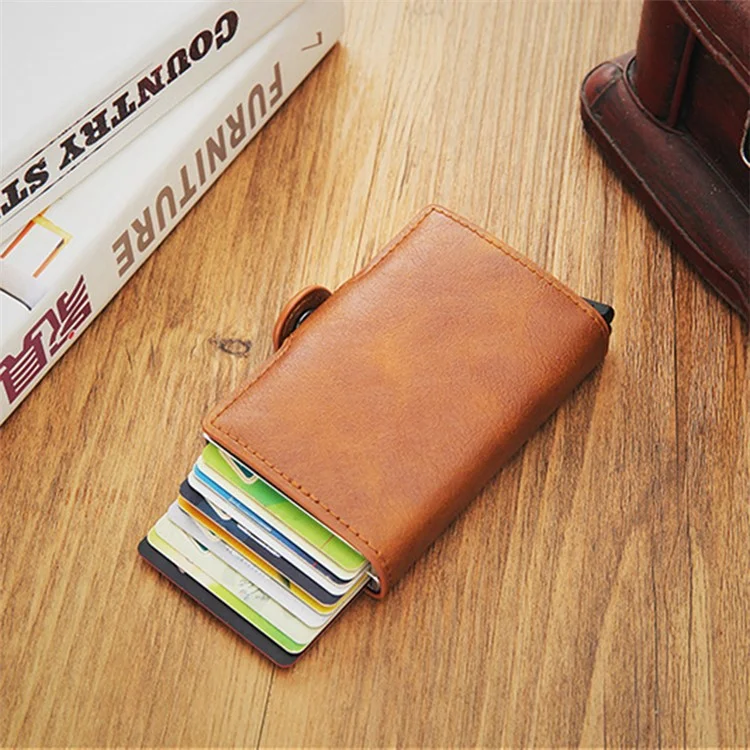 Credit Card Holder RFID Blocking PU Leather + Aluminum Alloy Pop Out Double Layer Card Case - Brown