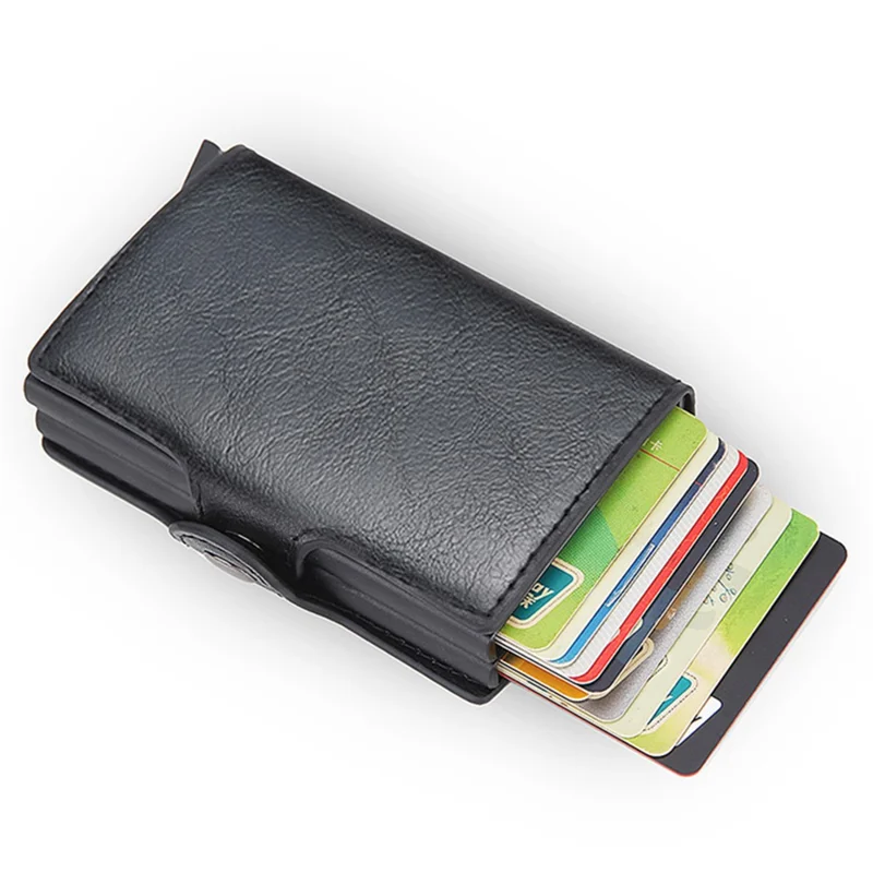 Credit Card Holder RFID Blocking PU Leather + Aluminum Alloy Pop Out Double Layer Card Case - Black