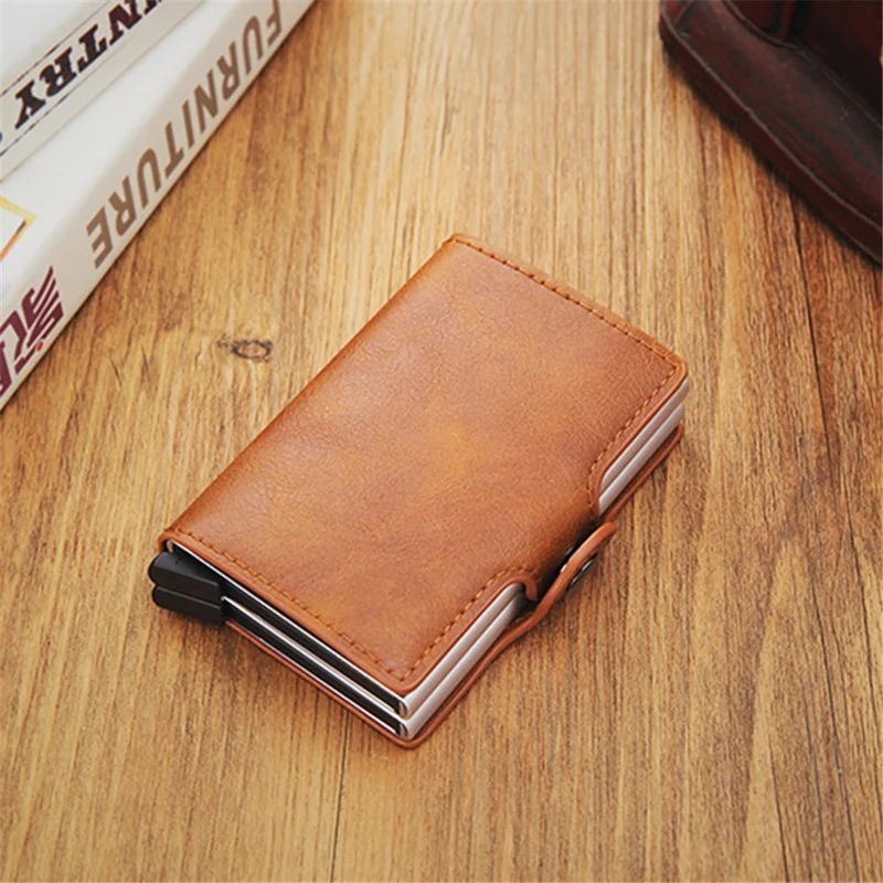 Credit Card Holder RFID Blocking PU Leather + Aluminum Alloy Pop Out Double Layer Card Case - Black
